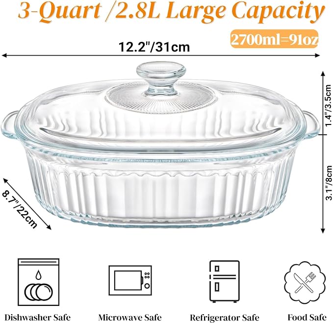 Noamus 2 Pieces 3Qt Glass Casserole Dish with Lid, Extra Large Oval Glass Baking Pan, Heat-Resistant Covered Lasagna Cookware, Clear Deep Food Container, Mixing Bowl for Cooking, Oven&Microwave Safe