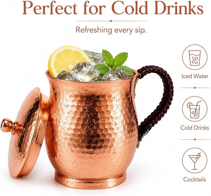 20oz Pure Copper Mug with Lid – Handcrafted Hammered Copper Tumbler for Water, Coffee & Daily Wellness