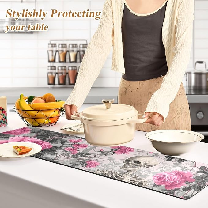 2 in 1 Table Runner Trivet for Hot Pots and Pans Heat Resistant Non Slip Waterproof 39 x 12 Inch Decorative Table Protector for Kitchen Countertop Grey Skull and Pink Rose