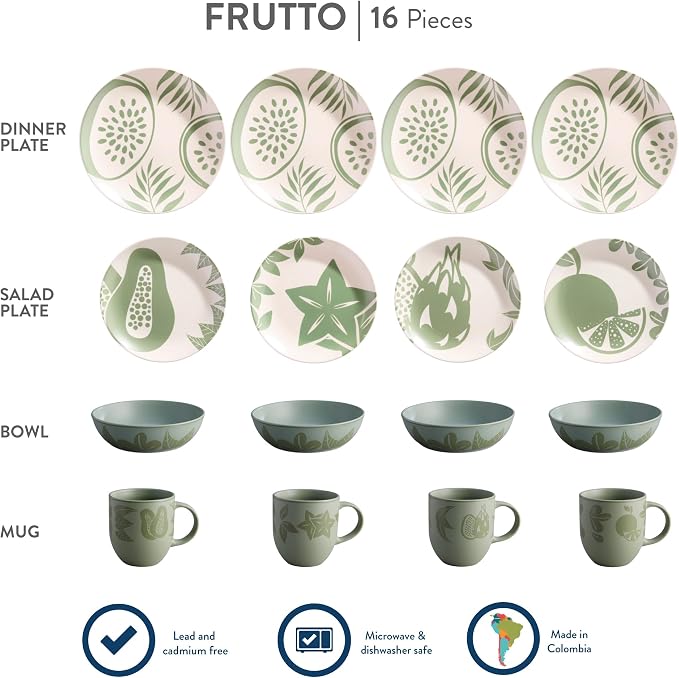 Corona 16–piece Green Tropical Fruit Design Ceramic Dinnerware Sets | Plates, Bowls and Mugs | Service For 4 | Frutto