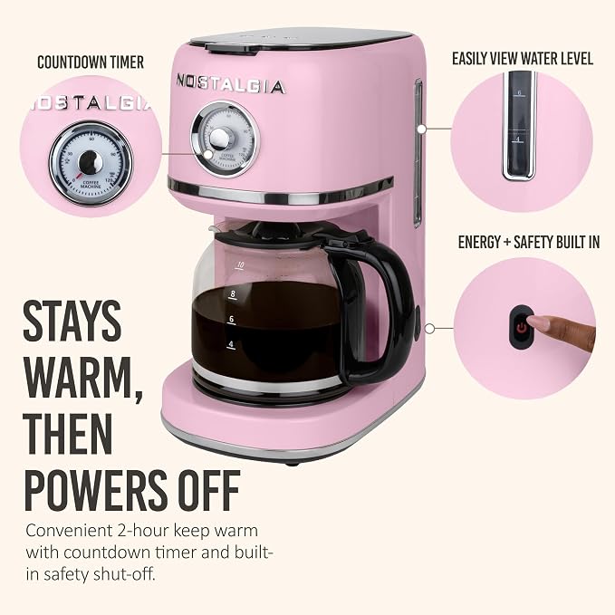 Nostalgia Classic Retro 10 Cup Coffee Maker - One-Touch Drip Brew, Reusable Filter - Anti-Drip, Auto Shutoff, & Time Display - Dishwasher Safe 50 oz Carafe - Pink
