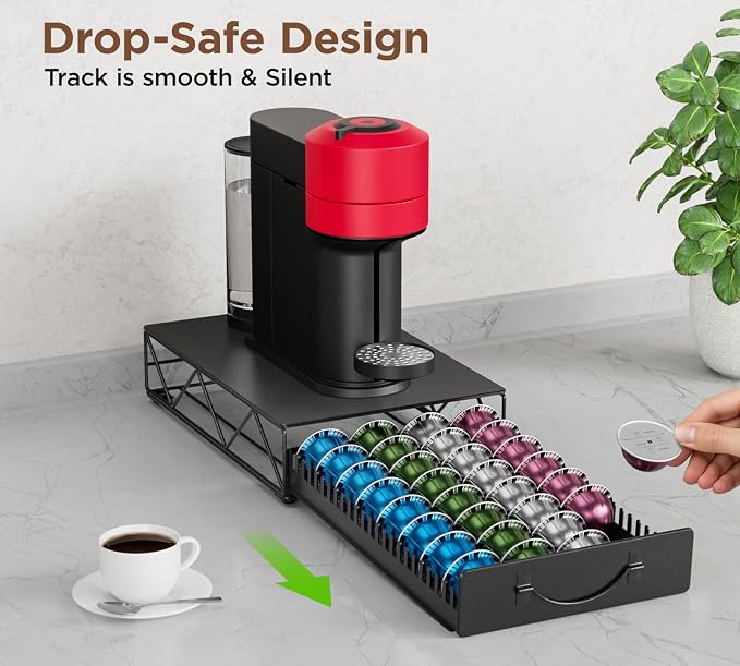 HFHOME Coffee Pod Holder Drawer Compatible with Nespresso - 48 Small or 24 Large VertuoLine Pods - Coffee Capsule Storage Organizer for Vertuo - Coffee Capsule Holder for Home Kitchen
