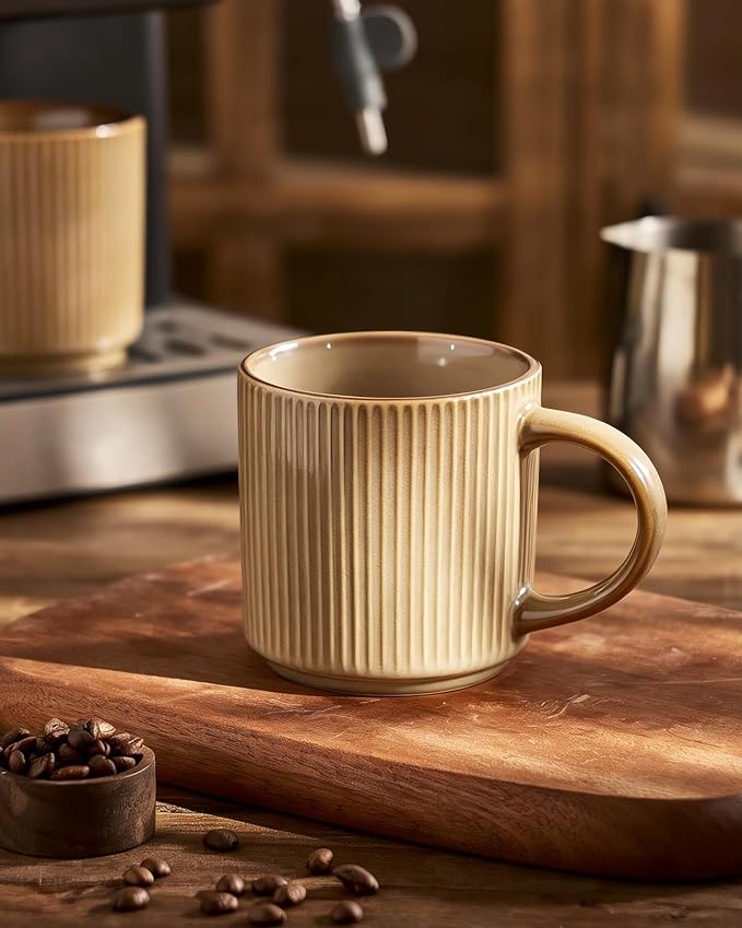 famiware Coffee Mug Set for 4, Star 12 oz Catering Mugs Cup Set with Handle for Coffee, Tea, Cocoa, Milk - Ceramic Stoneware Drinkware Set, Cream