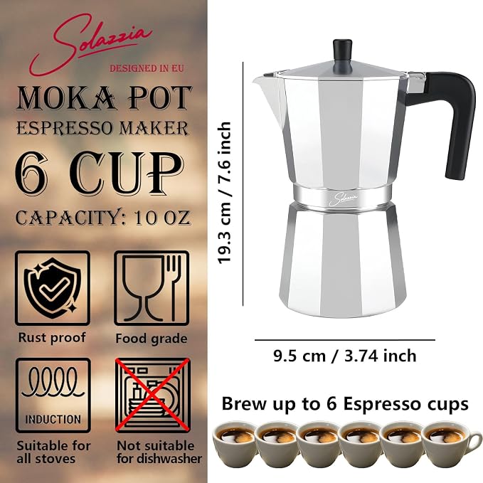 6 Cup Stovetop Espresso Maker Italian Moka Pot, Stove Top Cuban Coffee Maker, Greca Mocha Pot(Basic, 10 oz/300ml)