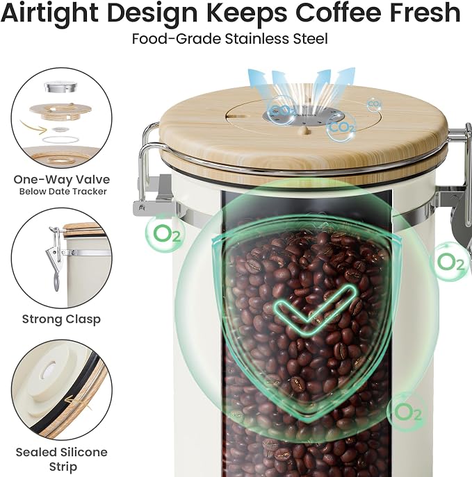 Veken Coffee Sugar Canister with Window, Gifts For Women,Airtight Stainless Steel Kitchen Food Storage Container Gift, Date Tracker & Scoop for Ground, Beans,Tea,Flour,Cereal, 22OZ, Cream