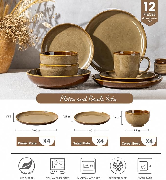LERATIO Ceramic Dinnerware Sets for 4, 12 Pieces Ceramic Plates and Bowls Sets, Scratch Resistant Dish Set, Oven, Microwave & Dishwasher Safe- Chestnut