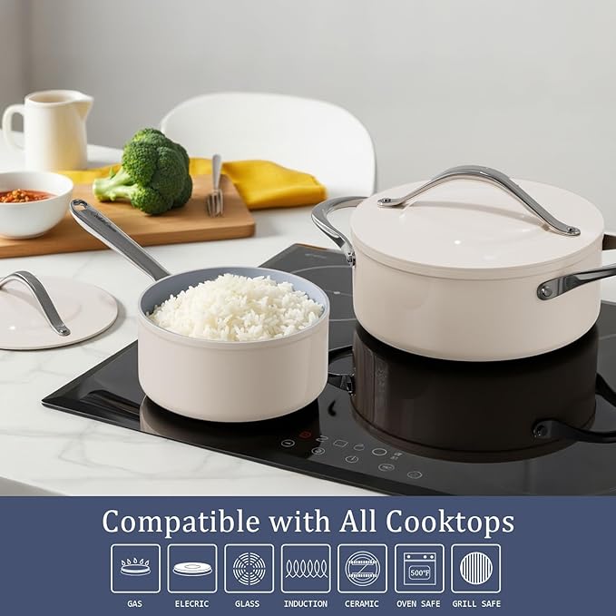 Healthy Ceramic Nonstick Cookware Set-11″ 4.5qt Non-Toxic Ceramic Sauté Pan w/ Lid & 10″ Nonstick Ceramic Frying Skillet, PTFE/PFOA/PFAS Free, Oven & Dishwasher Safe, All Cooktops Compatible, Even Hea