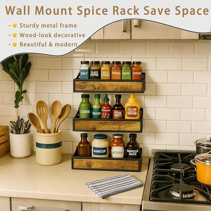 Spice Rack Wall Mount for Large Spice Jars, 6 Pack Ironwood Spice Organizer shelf for Rustic, Industrial and Modern Kitchens,Quick Adhesive Strips and Screws for Mounting (Engineered Wood)
