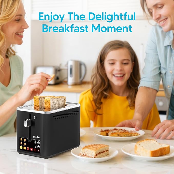 Trisiko® Touch Screen Toaster 2 Slice, Stainless Steel Smart Toaster with Digital Timer, 1.38" Extra-Wide Slots for Bread& Bagel, Great for Home, Office,Dorm (Black)