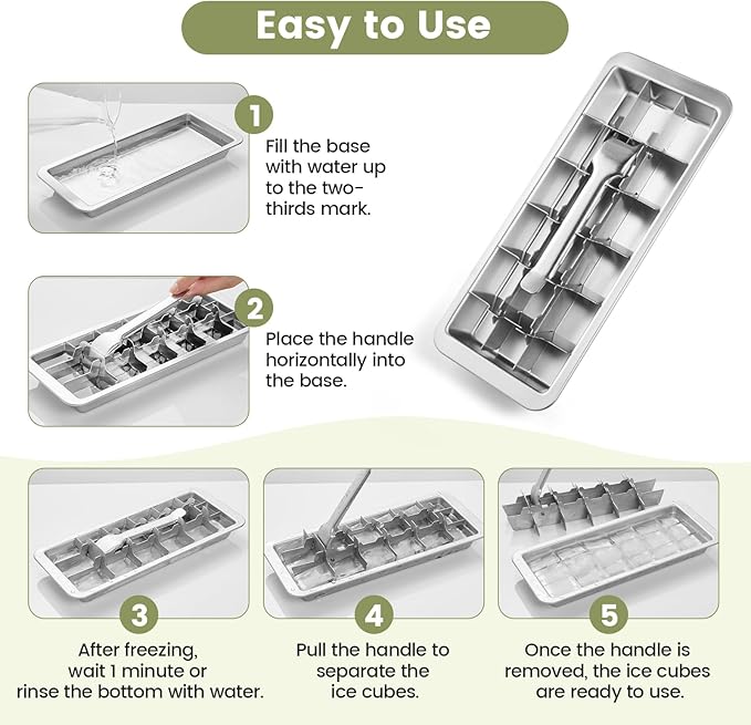 Stainless Steel Ice Cube Tray with Lever - 18 Large Ice Cube Mold, Non-Toxic & Dishwasher Safe for Kitchen and Bar Use