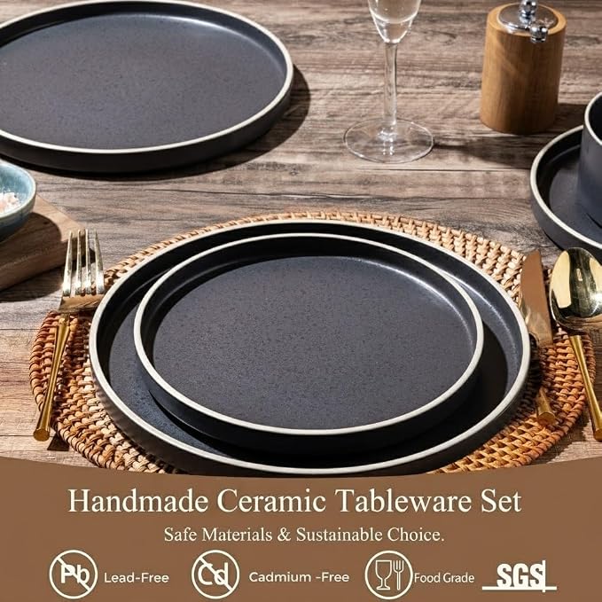 LERATIO Ceramic Dinnerware Sets for 6, High Edge Stoneware Plates and Bowls Set, Chip and Crack Resistant | Oven & Dishwasher & Microwave Safe Dishes Set, Service for 6 -Speckeld Black