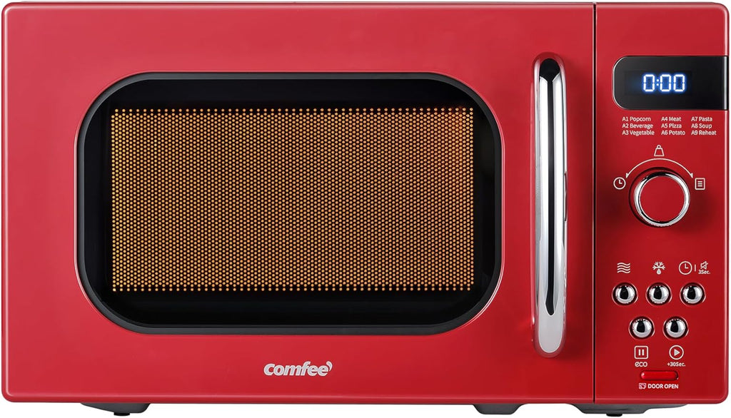 COMFEE' Retro Small Microwave Oven With Compact Size, 9 Preset Menus, Position-Memory Turntable, Mute Function, Countertop Microwave Perfect For Small Spaces, 0.7 Cu Ft/700W, Red, AM720C2RA-R