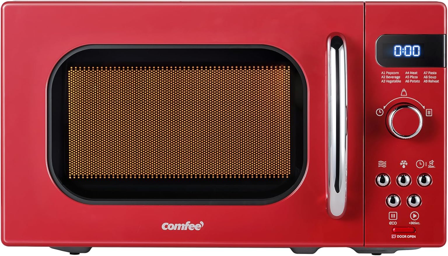 COMFEE' Retro Small Microwave Oven With Compact Size, 9 Preset Menus, Position-Memory Turntable, Mute Function, Countertop Microwave Perfect For Small Spaces, 0.7 Cu Ft/700W, Red, AM720C2RA-R