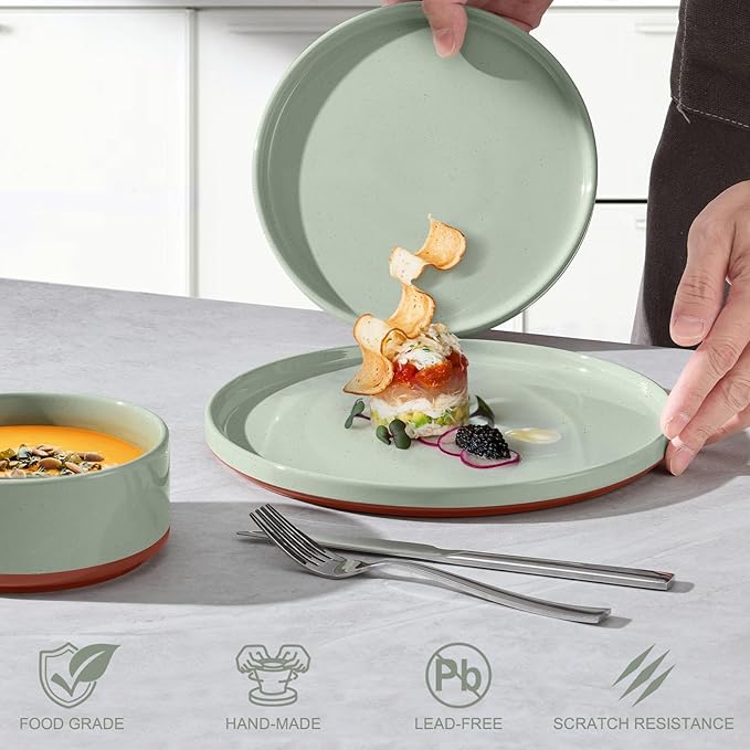 LIANYU Stoneware Dinnerware Sets Service for 8, 24 PCS Plates and Bowls Sets, Handmade Ceramic Dish Set, Highly Chip and Crack Resistant Modern Plate Set, Laurel Green