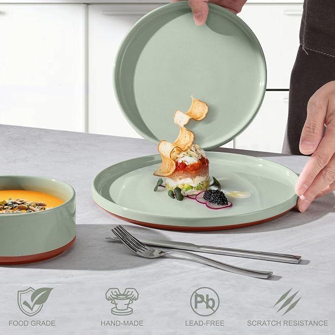 LIANYU 12 Piece Dinnerware Sets for 4, Modern Style Stoneware Dinnerware Set, Scratch Resistant, Dishwasher Safe Bowl and Plate Sets, Ceramic Dish Dinner Set, Laurel Green
