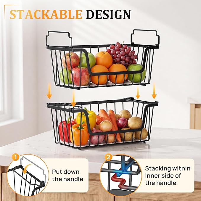 SUNALLY Stackable Storage Bins 4 Pcs Wire Baskets for Pantry Organizers and Storage, Vegetable Fruit Storage Basket for Countertop Organizer,Kitchen Baskets for Onion Potato Snack Cans Storage,Black