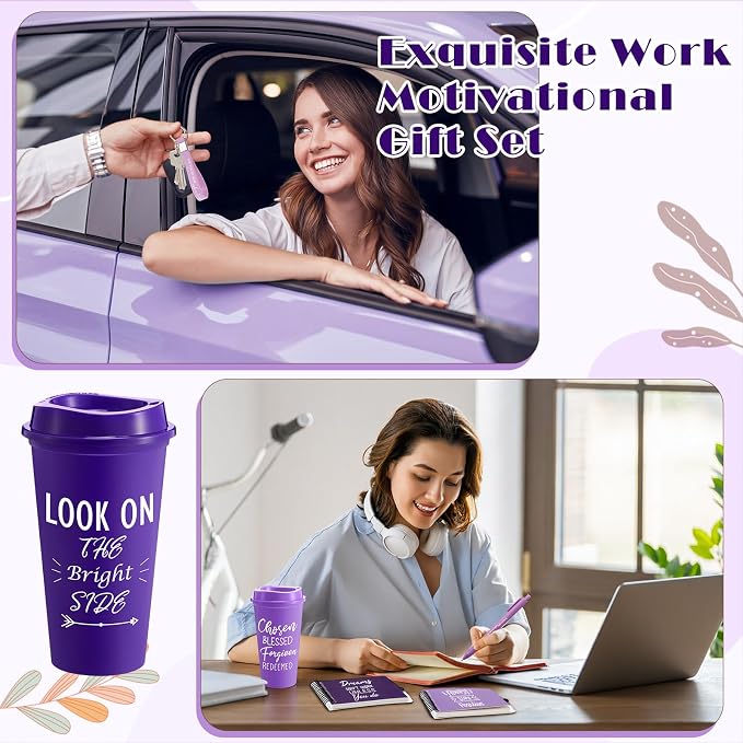 Skylety 12 Sets/48 Pcs Employee Appreciation Gifts 16oz Inspirational Plastic Cups Spiral Notebooks Ballpoint Pens Keychains Bulk Thank You Cup for Employee Coworker (Gradient Purple)