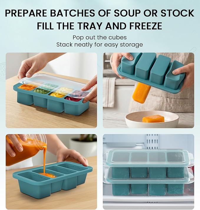 DOQAUS Silicone Freezer Molds, Reinforced Steel Frame 1 Cup Ice Cube Trays with Lid, 2 Pack 4-Cavity BPA-Free Soup Containers for Meal Prep, Kitchen