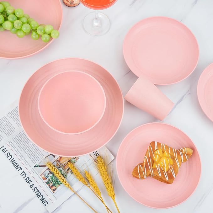 Supernal 32Pcs Pink Plates and Bowls Sets for 8, Unbreakable Dinnerware | Lightweight reusable wheat straw pink dishes set. Shatterproof pastel camp plates & bowls for college dorm, RV, or picnics.