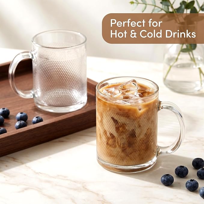 QAPPDA 12oz Clear Embossed Glass Coffee Mugs Set of 12, Glass Mugs with Handles, Vintage Iced Coffee Glass Cups for Tea Water Overnight Oats, Housewarming & Birthday Gifts for Women