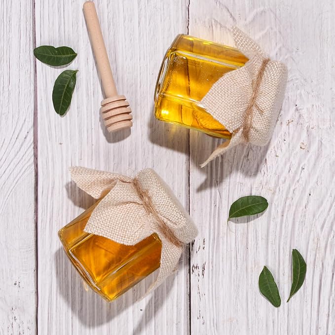 3 oz Mini Glass Honey Jars | 48-Pack Honey Jars with Wood Dippers, Gold Lids, Gift Bags, Bee Charms, Labels, Tags, Twine | Perfect for Baby Shower Party Favors, Wedding Favors, Bridal Showers