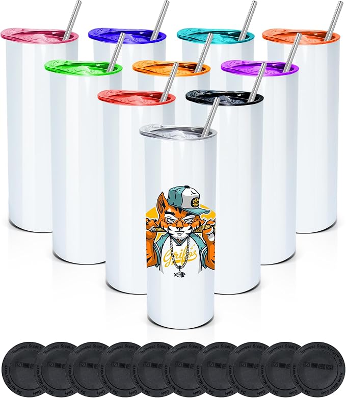 AGH 10 Pack Sublimation Tumblers Blank with Colorful Lids and Metal Straw, 20 OZ Straight Skinny Tumbler with Straw, Stainless Steel Double Wall Insulated Cups for Tumbler Press Machine