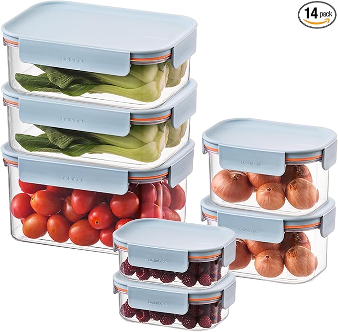 LocknLock Tritan Plastic Bisfree Modular Plus Food Storage Container Set, Lunch, Meal Prep, Stackable, BPA-Free, Leakproof, Freezer-Safe, 14 Pieces, 7 Boxes and 7 Lids, Mint, 1.5L
