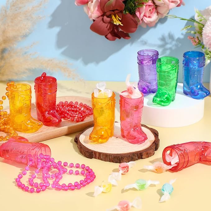 Sieral 24 Pcs Boot Shot Glasses on Beaded Necklace Plastic Cowgirl Shot Glass Cup Necklace Bride Supply for Bachelorette Carnival Party Birthday Wedding Supply (Transparent Colorful)