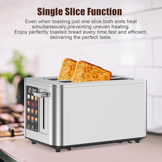 2026 Upgraded TAZTIR Touch Screen Toaster 4 Slice, Premium Stainless Steel Digital Bread Toaster with Timer, 1.5'' Wide Slot, 6 Shade Settings & 6 Bread Types, Bagel Defrost Reheat Cancel Functions