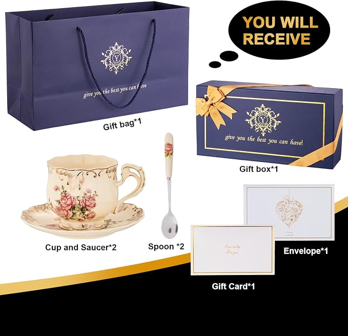 YOLIFE Tea Cups and Saucers Set of 2, Vintage Porcelain Tea Cups Set Floral with Gold Leaves Trim Design - 8 oz (Pink Rose with Gift Box(no stand))