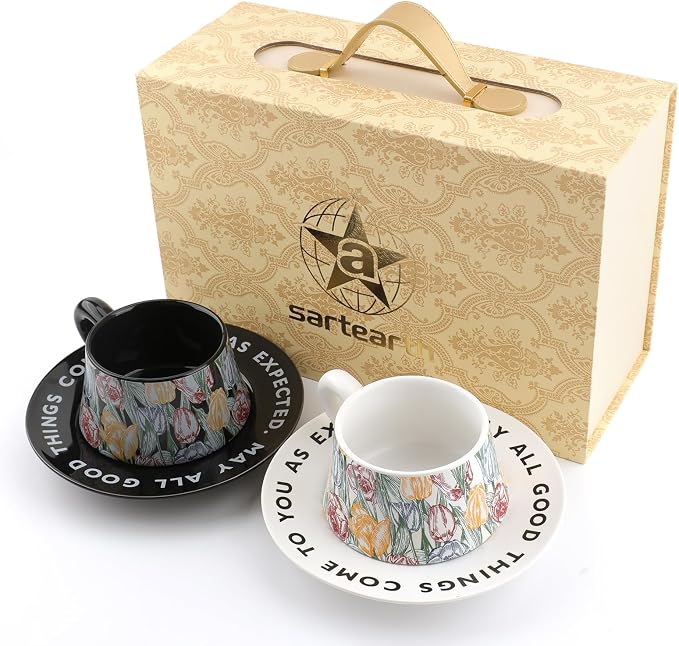Tea Cup and Saucer Set Floral Design Porcelain Ceramic Coffee Cup Sets with Box Dishwasher Safe Set 9.8 oz Christmas Thanksgiving Gifts