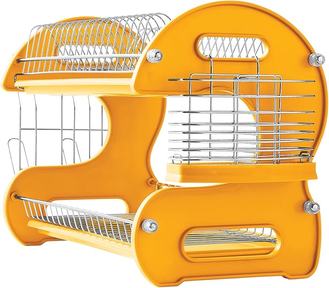 Montgomery Ward Retro 2-Tier Dish Rack, Space-Saving Design, Durable Plastic and Chrome-Plated Wire, Easy Assembly (Golden Honey)