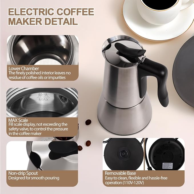 Stainless Steel Electric Moka Pot 6 Cup 300ml Express Coffee Maker Stovetop Espresso Portable Coffeemaker Italian Classic Brewing Greca Cafe Mocha with Removable Base and Overheating Protection 10oz