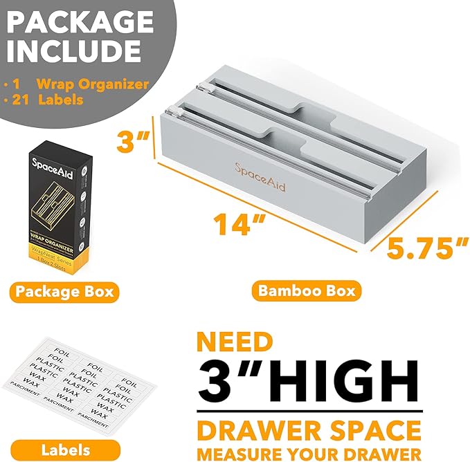 SpaceAid WrapNeat 2 in 1 Wrap Organizer with Cutter and Labels, Plastic Wrap, Aluminum Foil and Wax Bamboo Dispenser for Kitchen Storage Organization Holder for 12" Roll (Gray)