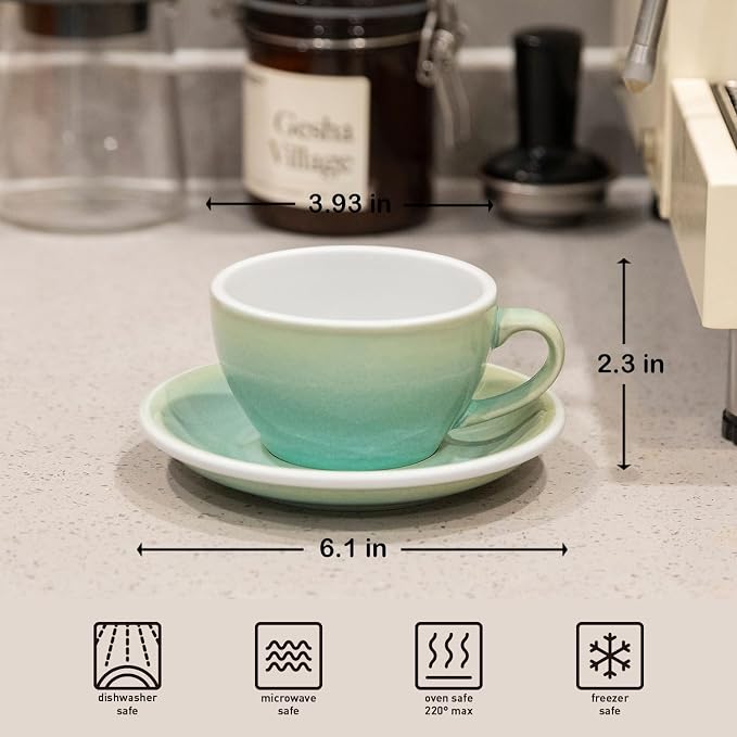 Loveramics Coffee Cup Ceramic, 8 oz Latte Art Cup with Saucer for Cappuccino, Tea, Espresso, Thick - walled stoneware Cappuccino mug Set for Cafe and Barista - Potters Colours (Basil, 8OZ)