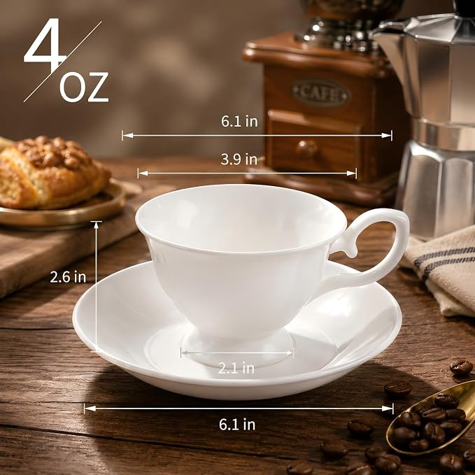 Fine Bone China Tea Cups and Saucers Set of 2, 4 Oz Vintage British Royal Style Espresso Coffee Cups for Afternoon Tea, Latte, Cappuccino, Elegant Gift