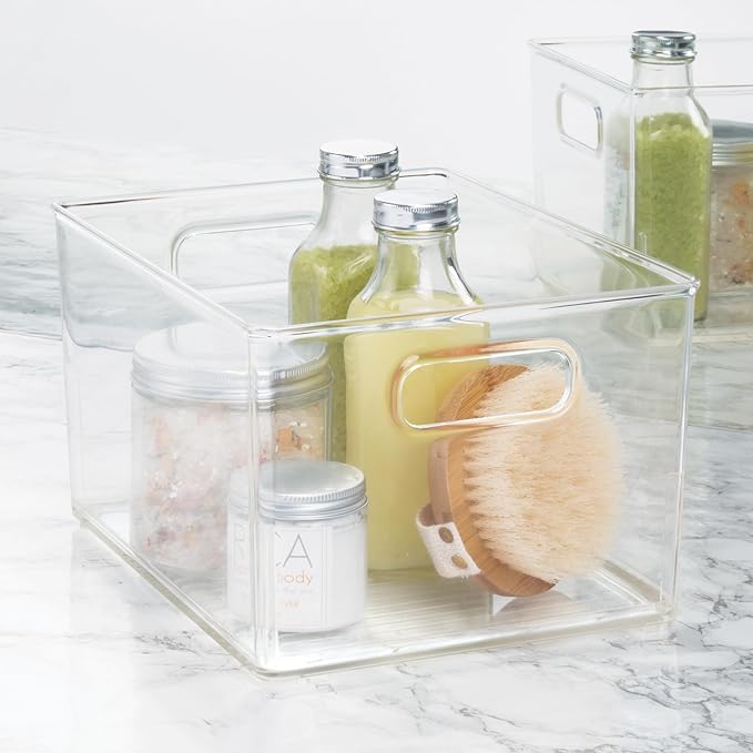 iDesign Small Stackable Plastic Bathroom Storage Bin with Handles - Set of 2 - Clear - Made in USA