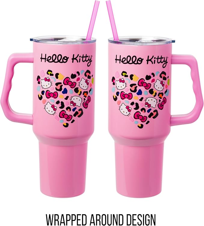 Silver Buffalo Sanrio Hello Kitty Leopard Jungle Cat Print and Bows Heart Double Walled Stainless Steel Tumbler with Handle and Straw, Fits in Standard Cup Holder, 40 Ounces