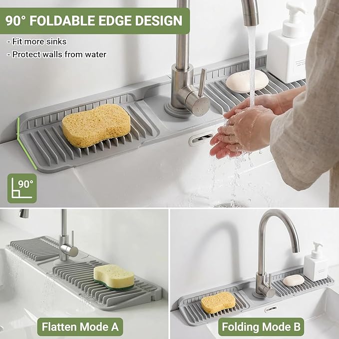 Faucet Mat for Kitchen Sink, 24 Inch Longer Silicone Sink Faucet Mat Splash Guard, 7° Slope Fast Self-draining, Bathroom Countertop Protectors to Catch Spills, Foldable & Snap Lock Fit (Gray)