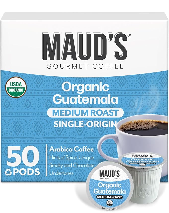 Maud's Organic Guatemalan Coffee Pods, 50 ct, Single Origin Guatemalan Medium Roast Coffee in Single Serve Pods – 100% Arabica Beans, Compatible with Keurig K Cups Maker