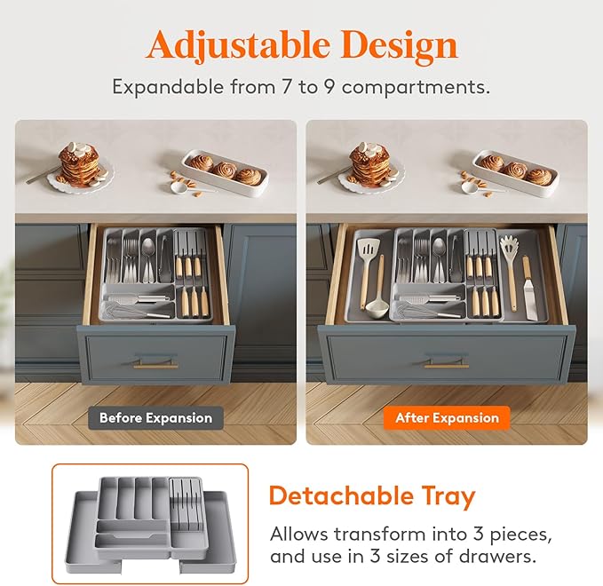 Lifewit Silverware Organizer for Kitchen Drawers, Expandable Cooking Utensil Tray, Adjustable Cutlery and Flatware Holder, Adjustable Spatula Tools and Gadgets Storage Divider