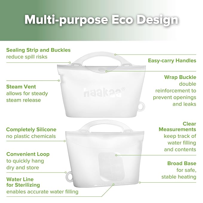 Haakaa Silicone Microwave Steamer & Steriliser Bag, 70oz/2000ml Large Capacity Reusable Steaming Bags for Baby Bottles,Breast Pump,Accessories,Pacifiers,Teethers, Great for Home&On The Go,Frosted /1PC