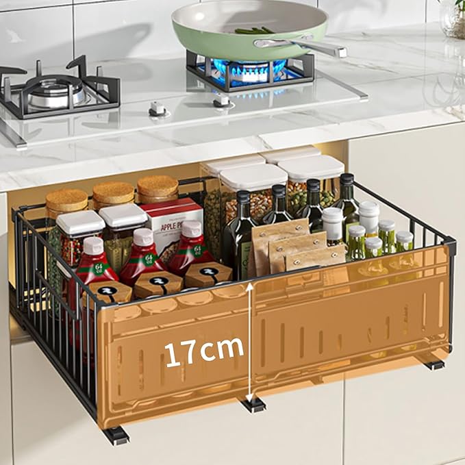 Expandable Pull Out Cabinet Organiser, No Drill Adhesive Slide Out Kitchen Drawer Shelf Durable Metal for Under Sink, Cupboard, Pantry, Adjustable Width (12.8"-19.7") (Style A Black, 1 Pack)