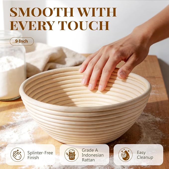 BAVIFY Sourdough Starter Kit, Banneton Bread Proofing Baskets Set | 2-Pack 9 in Round Banneton Basket, Indonesian Natural Rattan, Bread Proofing Bowl for Dough Rising, Fits up to 2.2 lb Dough