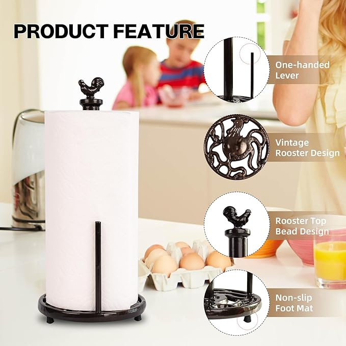 Cast Iron Rooster Paper Towel Holder for Kitchen Countertop - Vintage Coffee Gold Farmhouse Decor, Heavy Weighted Base Standing Dispenser for Easy One-Handed Tear, Fits Jumbo Rolls