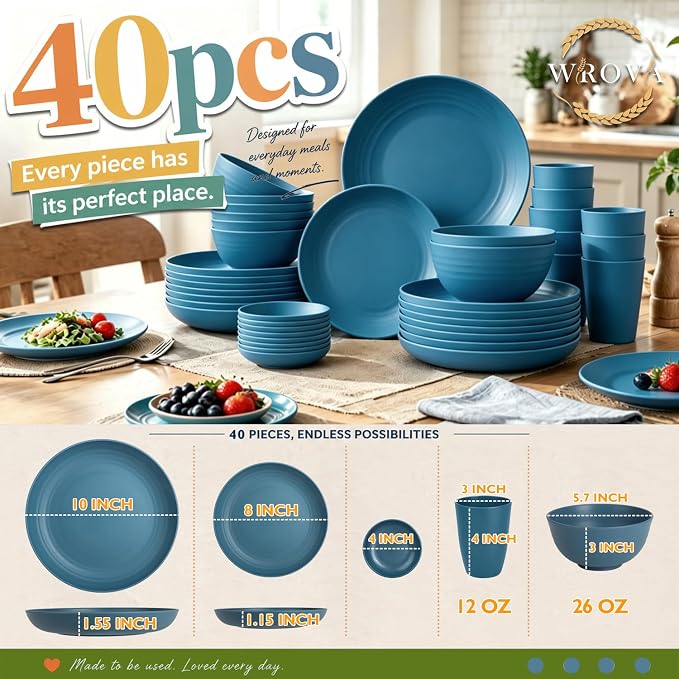 Wrova Kitchen Plates and Bowls Set Service for 8, 40-Piece Wheat Straw Dinnerware Sets Unbreakable Dinner/Salad Plates/Cereal Bowls/Sauce Cups/Cups Set, Dishwasher Safe Daily Living Dinnerware- Blue