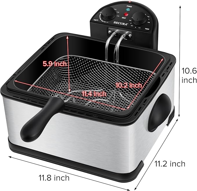 Secura 5 Liters / 21-Cup Stainless-Steel 1700-Watt Electric Deep Fryer with Timer Free Extra Odor Filter, Triple Basket, 5.3 Quarts, Silver