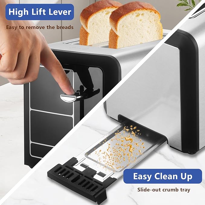 SAKAMOSH Touch Screen Toaster 2 Slice, Smart Digital Toasters, 6 Browning Levels & 6 Bread Types, Bagel Memory Function, Timer, Stainless Steel, 800W