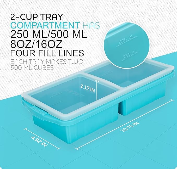 Xomoo Silicone Freezer Tray With Lid - Soup Freezer Container molds - Large Ice Cube Tray- makes 8 perfect 1-Cup & 2-Cup Ice cube Molds Food Soups Storage Containers - Oven & Dishwasher -Safe