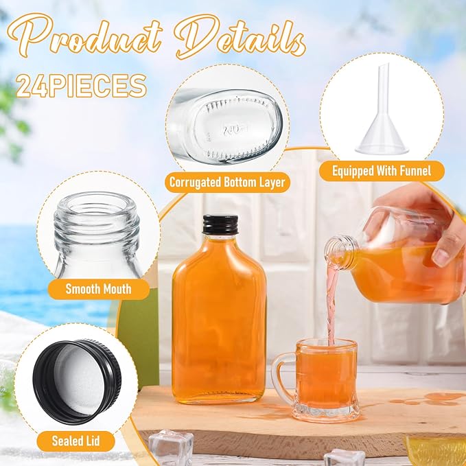 Gejoy 24 Pcs Mini Liquor Bottles Reusable Glass Flask Bottles with Black Caps Clear Empty Alcohol Shot Jars Small Champagne Jars with 4 Funnels for Wine Weddings Party Favors Christmas (6.8 oz)
